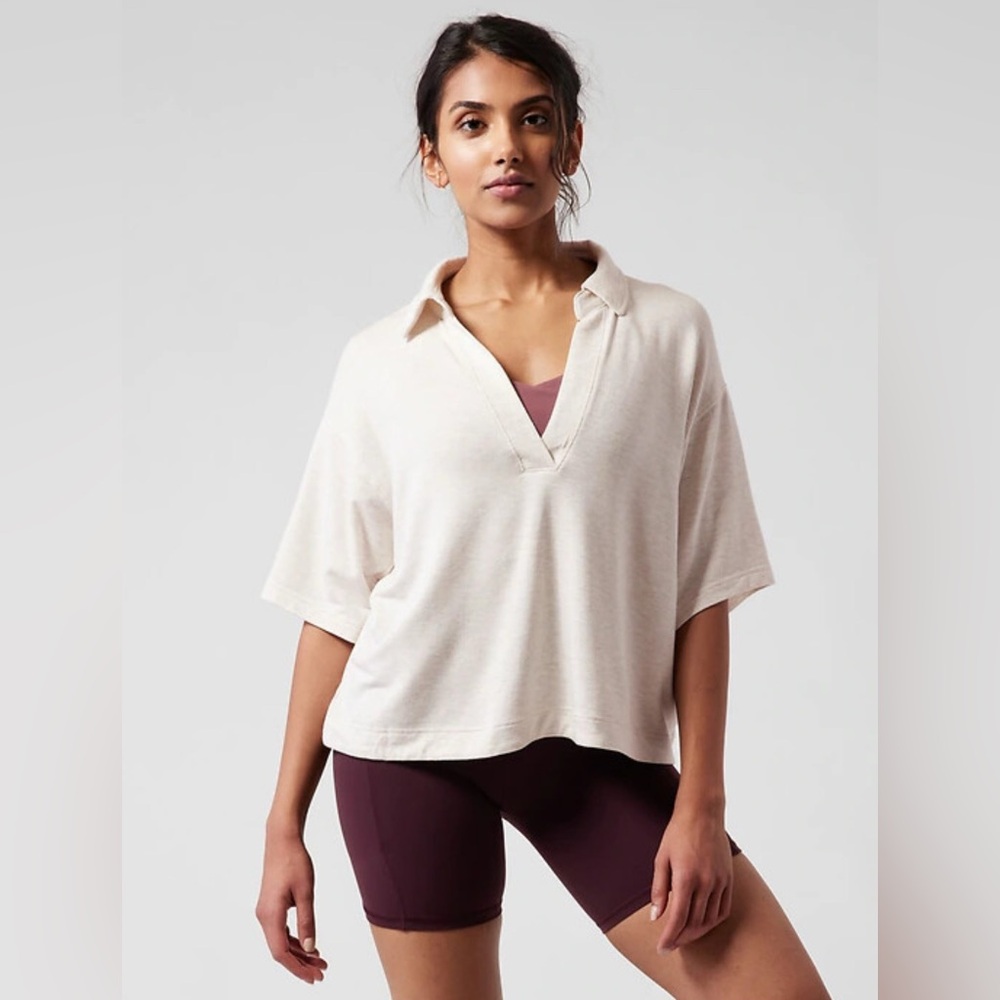 ATHLETA Westwood Oatmeal Oversized Crop V-Neck Top